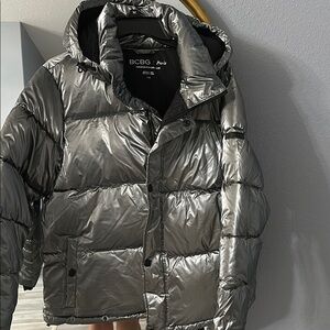 BCBG Metallic Silver Puffer Jacket with Hood